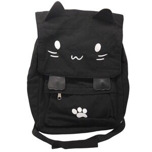 2️⃣ Cute Cat Embroidery Backpack Black Canvas School Bag by Demonchest